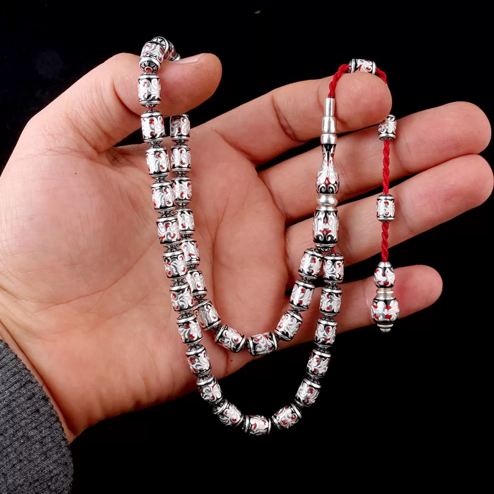 925 Ayar Gümüş Kapsül Kesim Kırmızı Siyah Beyaz Mineli Tesbih