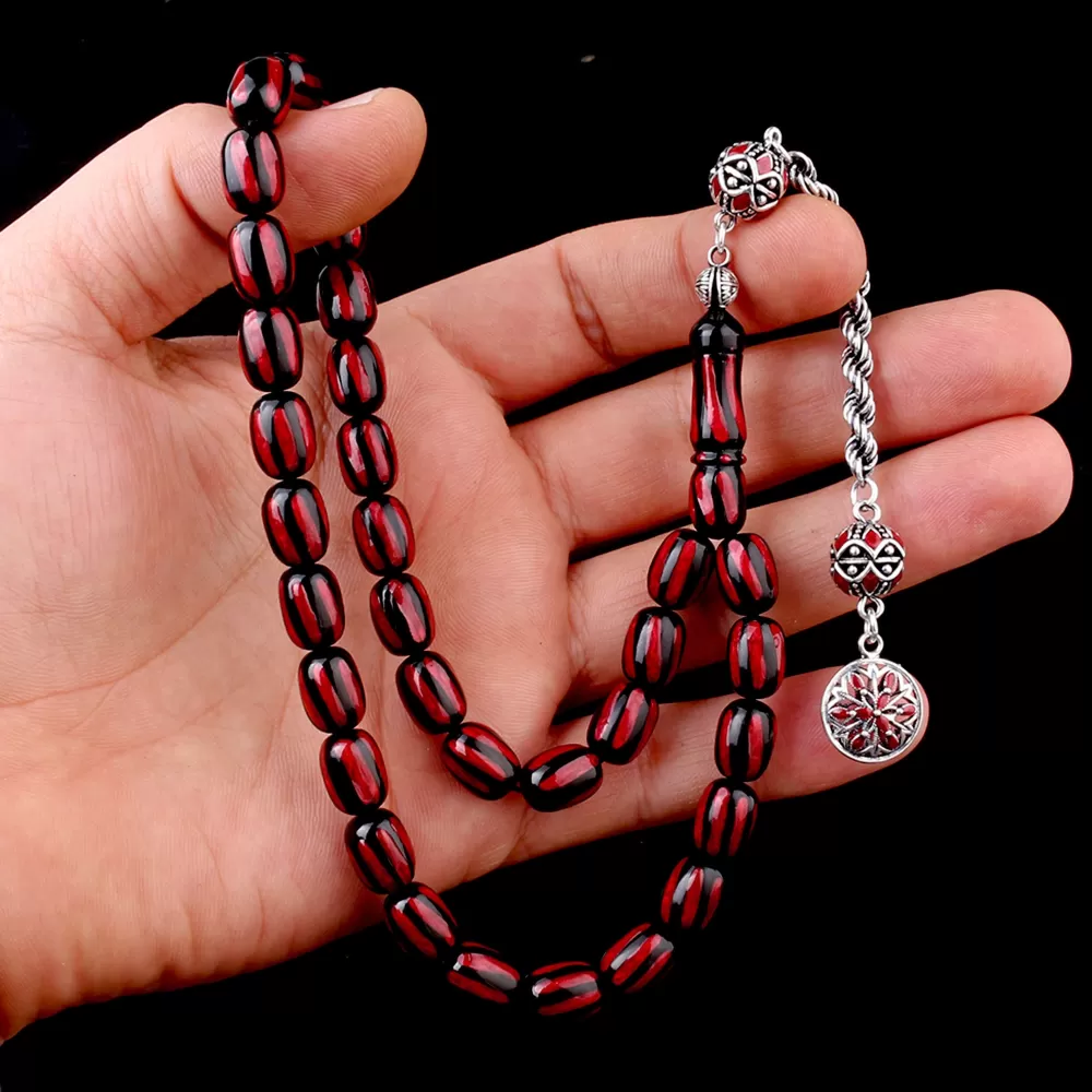 925 Ayar Gümüş Mineli Püsküllü Siyah Bordo Renk Ateş Kehribar Tesbih