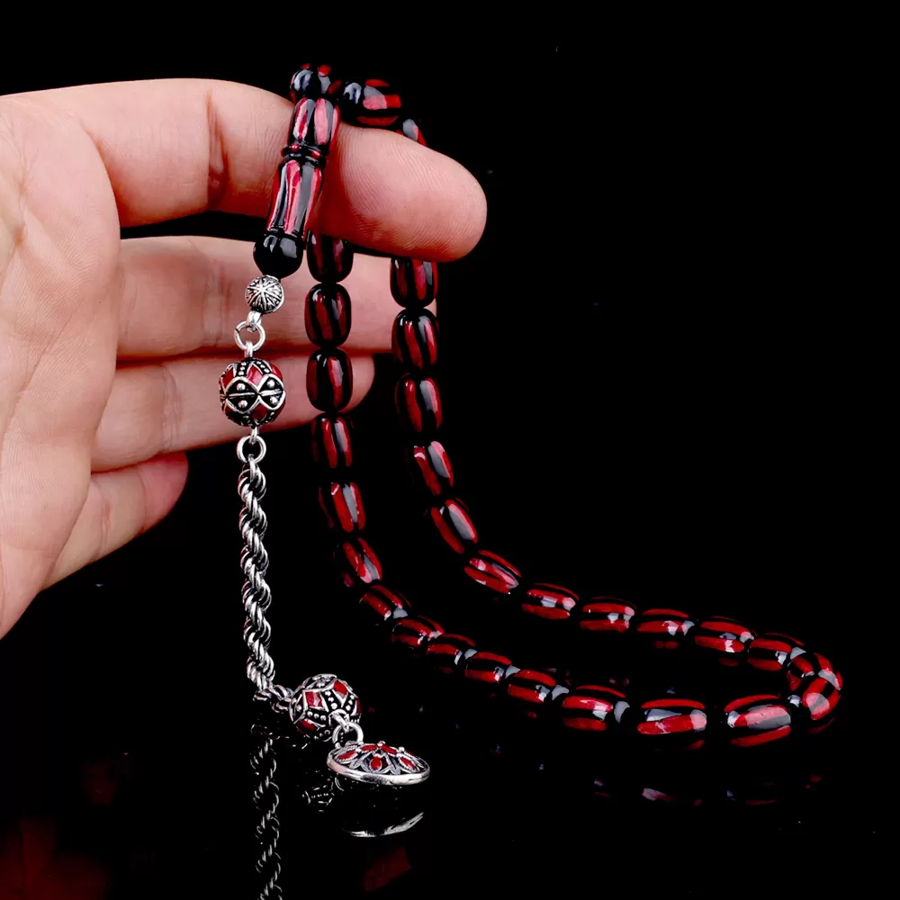 925 Ayar Gümüş Mineli Püsküllü Siyah Bordo Renk Ateş Kehribar Tesbih