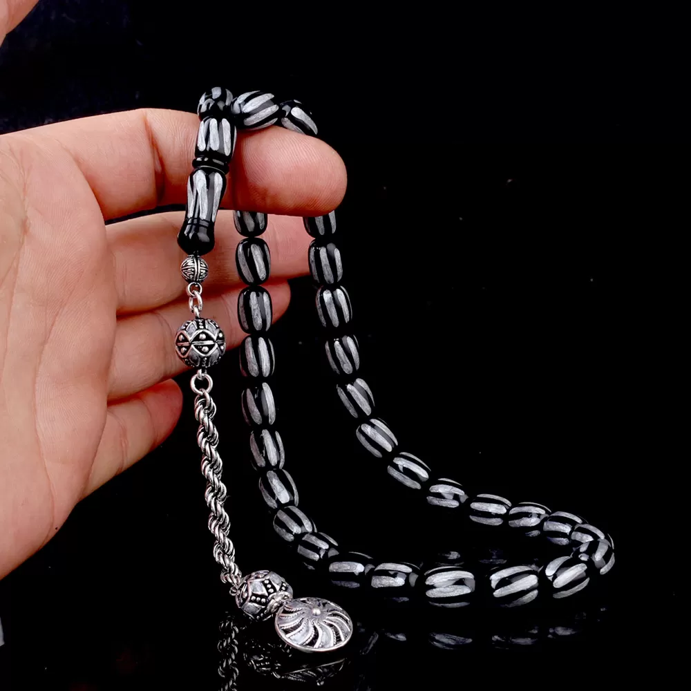 925 Ayar Gümüş Mineli Püsküllü Siyah Gri Renk Ateş Kehribar Tesbih