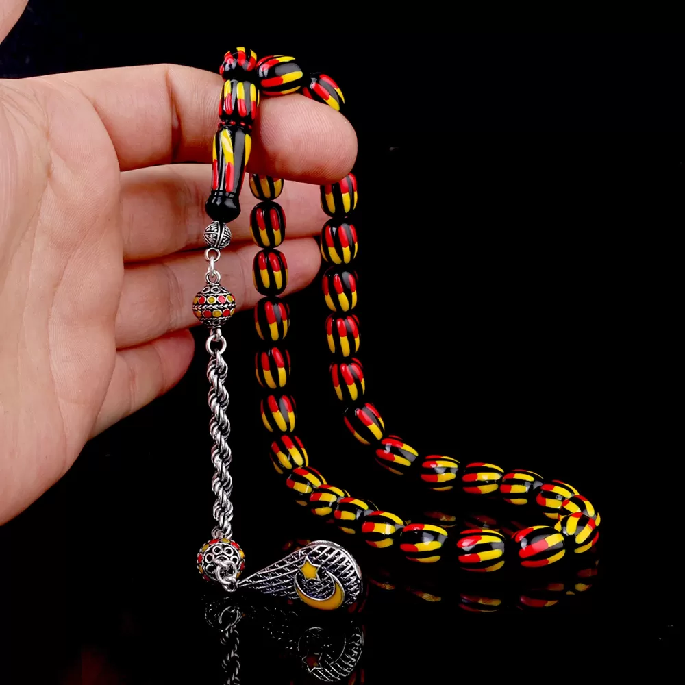 925 Ayar Gümüş Püsküllü Sarı Krımızı Renk Mineli Ateş Kehribar Tesbih