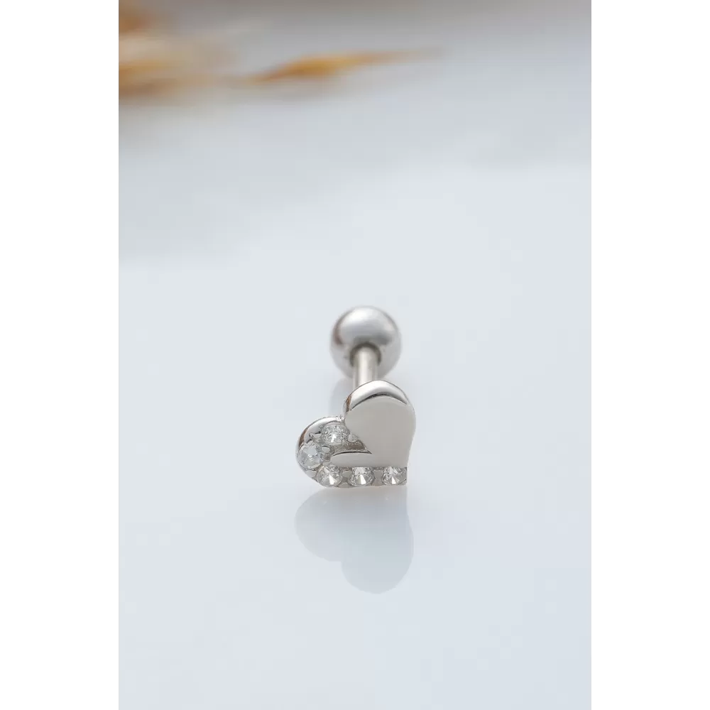 925 Ayar Kalp Motifli Taşlı Minimal Tragus Piercing