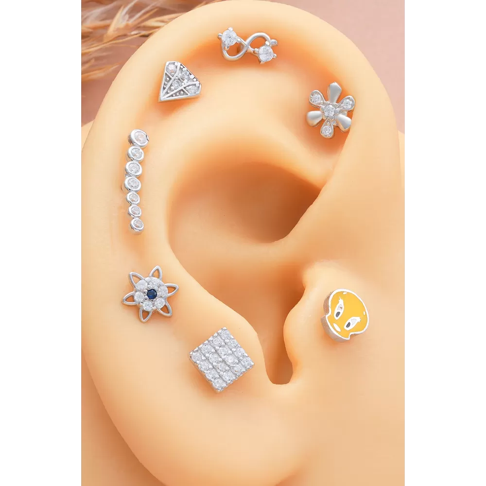 925 Ayar Sıra Taşlı Minimal Tragus Piercing