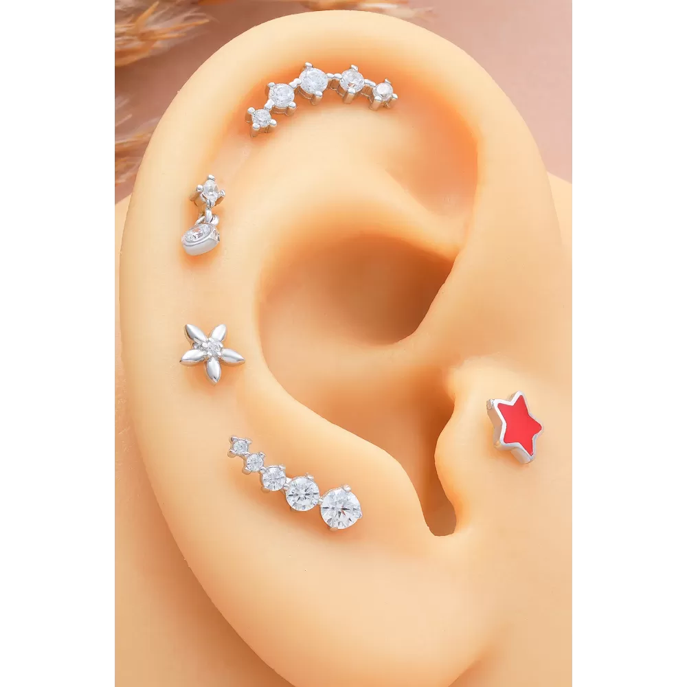 925 Ayar Yıldız Motifli Taşlı Minimal Tragus Piercing