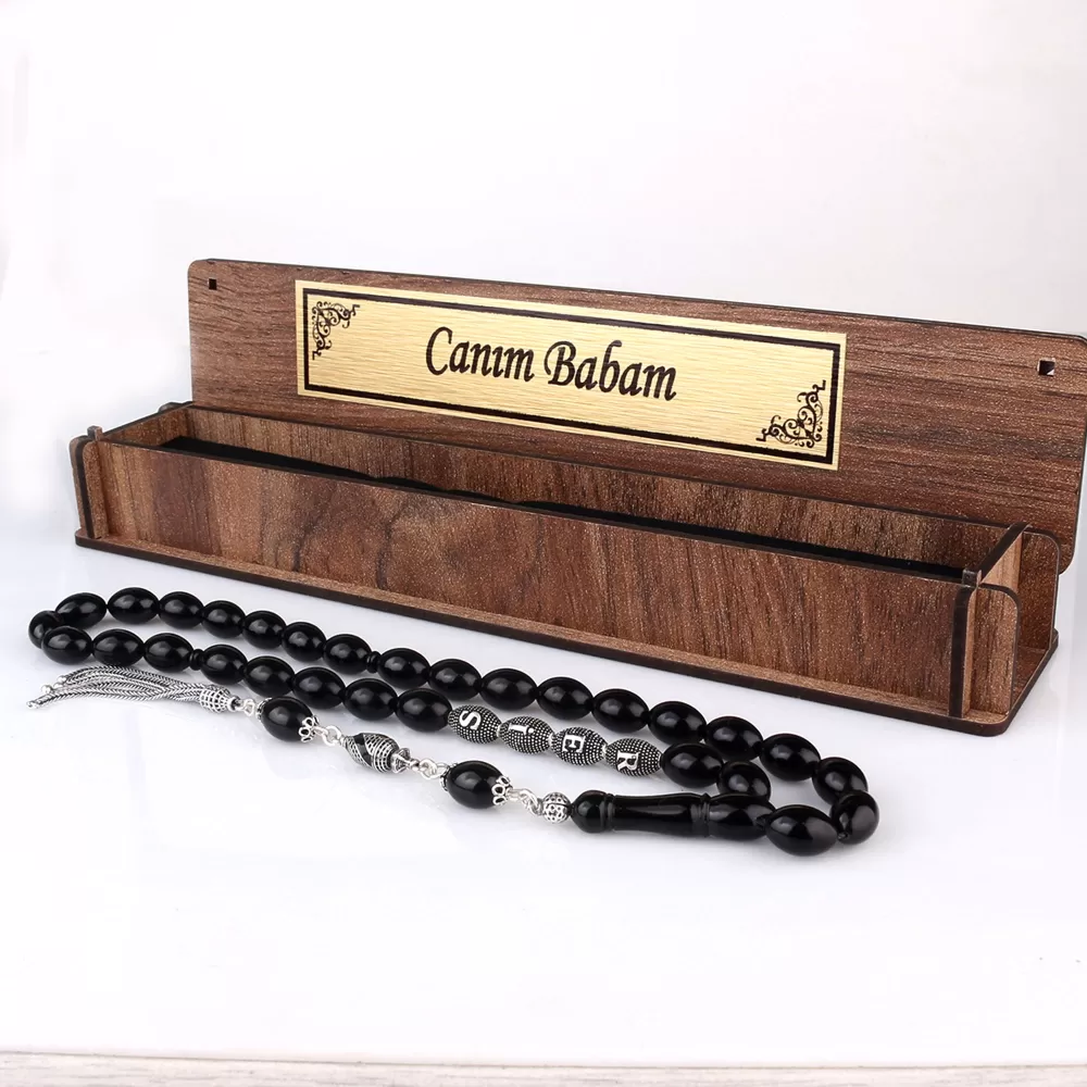 Gümüş Püsküllü Canım Babam Yazılı Ahşap Kutulu Ateş Kehribar Tesbih