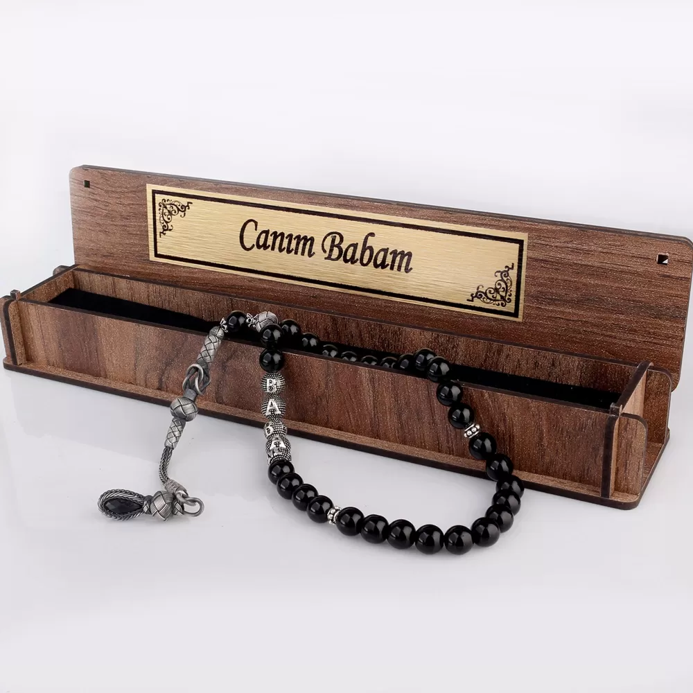 Gümüş Püsküllü Canım Babam Yazılı Ahşap Kutulu Onix Taşlı Tesbih
