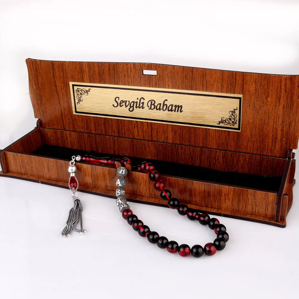 Gümüş Püsküllü Sevgili Babam Yazılı Ahşap Kutulu Ateş Kehribar Tesbih