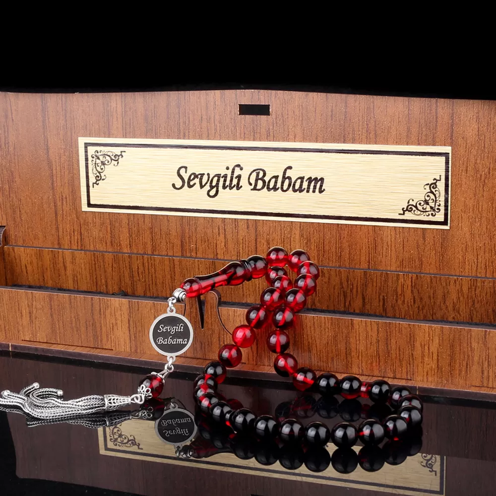 Gümüş Püsküllü Sevgili Babam Yazılı Ahşap Kutulu Ateş Kehribar Tesbih