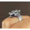 925 Ayar Gümüş Üç Boyutlu Kurt Başlı Taşsız Gümüş Erkek Yüzük