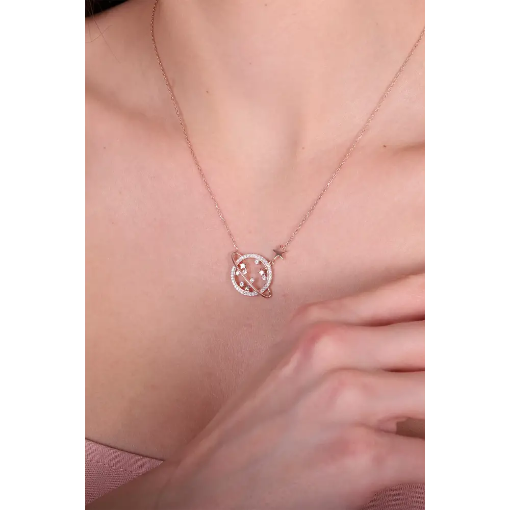 Yıldız Süslemeli 925 Ayar Satürn Kolye - Rose