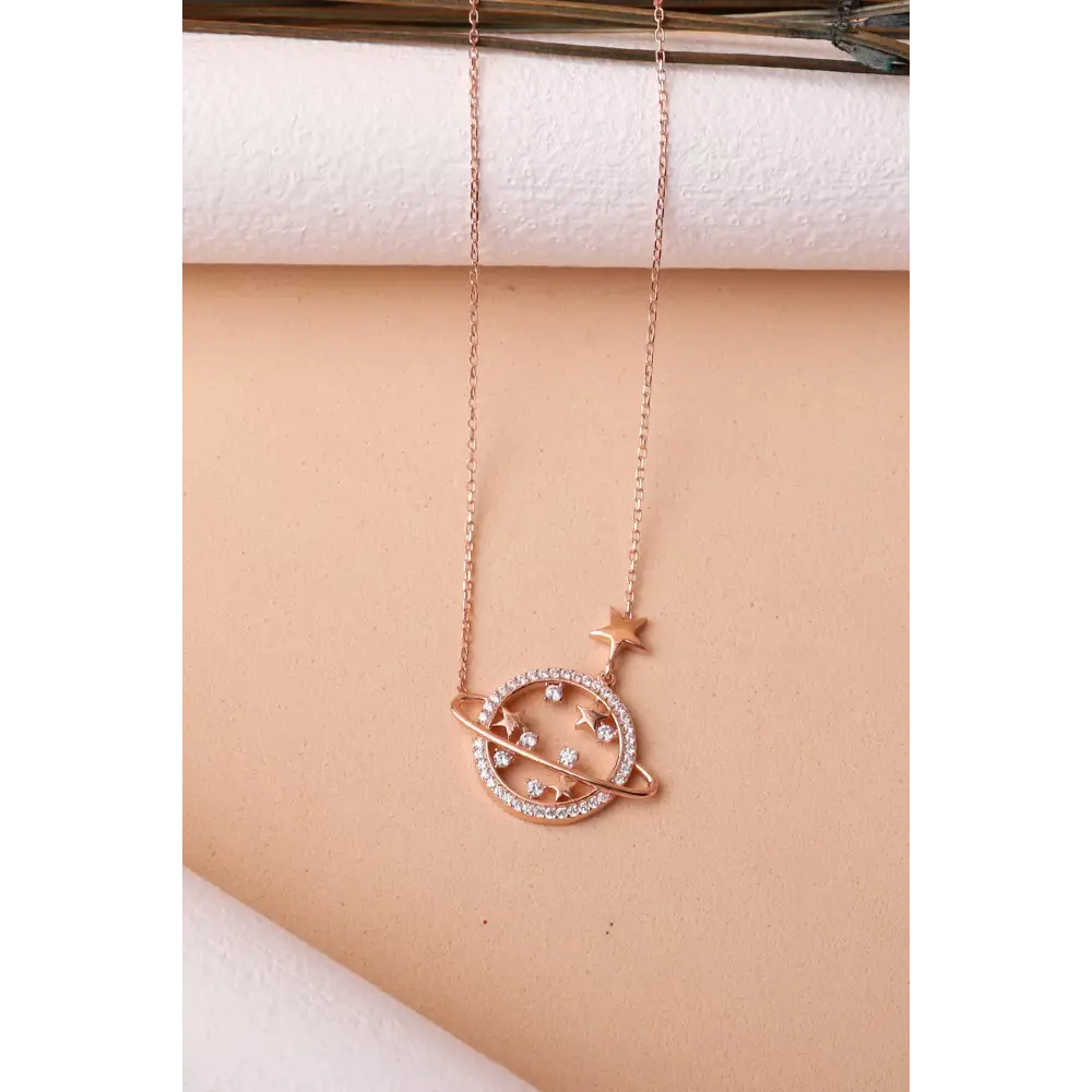 Yıldız Süslemeli 925 Ayar Satürn Kolye - Rose