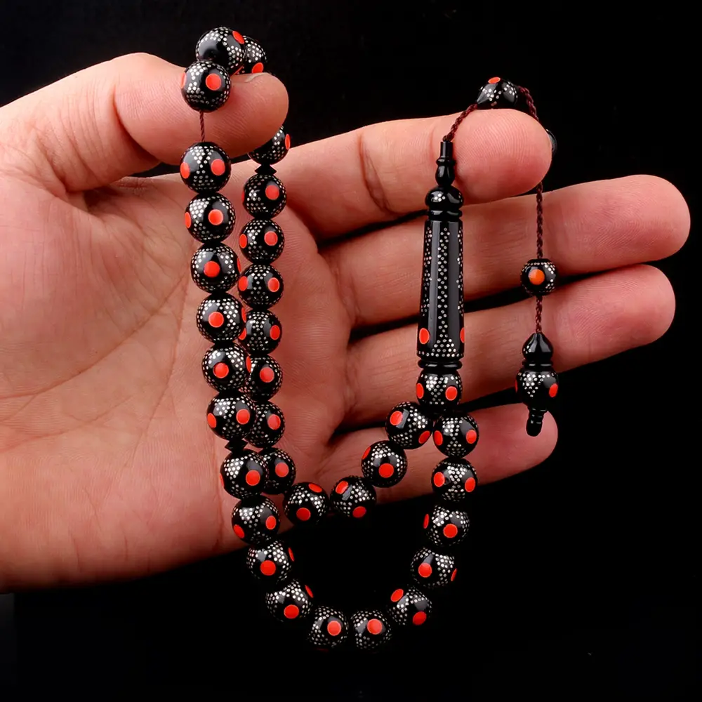 Kırmızı Mineli 925 Ayar Gümüş İşlemeli Kuka Tesbih