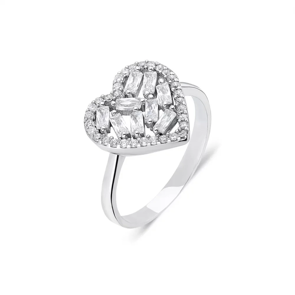 925 Ayar Gümüş Kalp Motifli Baget Taşlı Kadın Yüzüğü