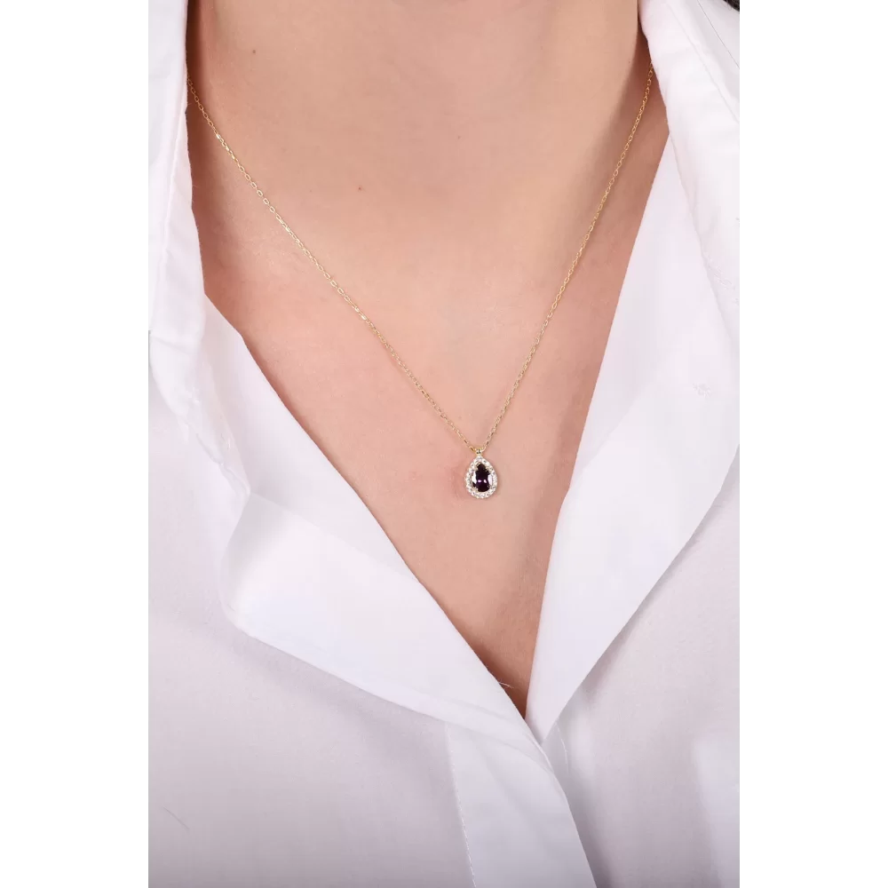 925 Ayar Ametist Rengi Zirkon Taşlı Damla Model Altın Kaplama Kolye