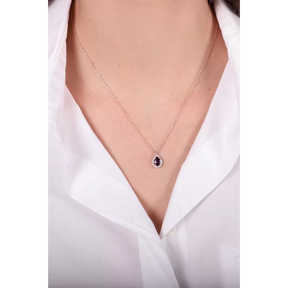 925 Ayar Ametist Rengi Zirkon Taşlı Damla Model Kolye