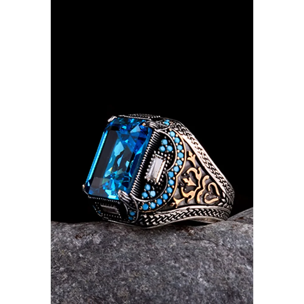 925 Ayar Gümüş Aqua Zirkon Taşlı Erkek Yüzük Silver