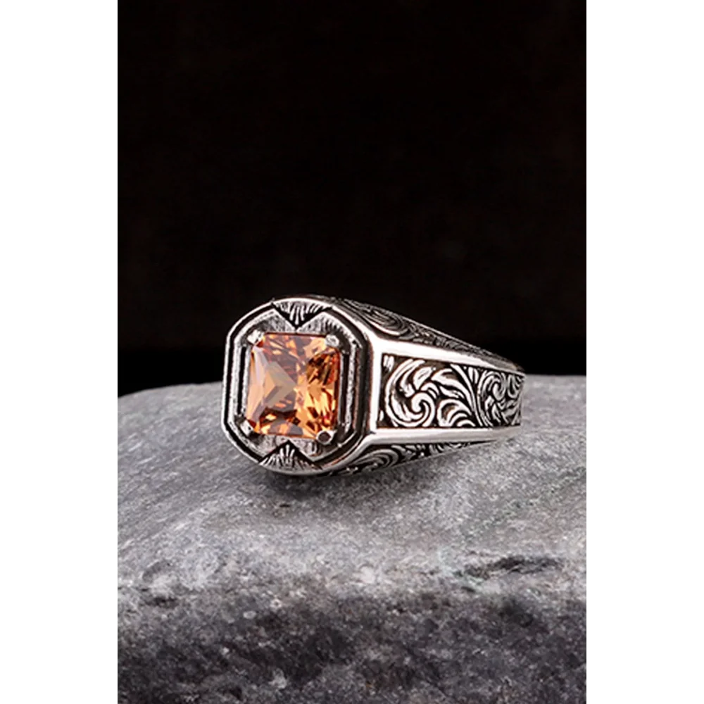 925 Ayar Gümüş Kalem İşlemeli Motif Zirkon Taşlı Erkek Yüzük Silver