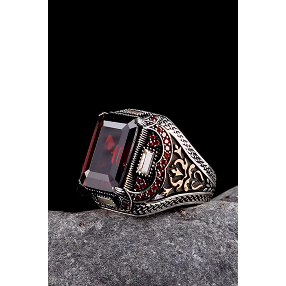 925 Ayar Gümüş Kırmızı Zirkon Taşlı Erkek Yüzük Silver