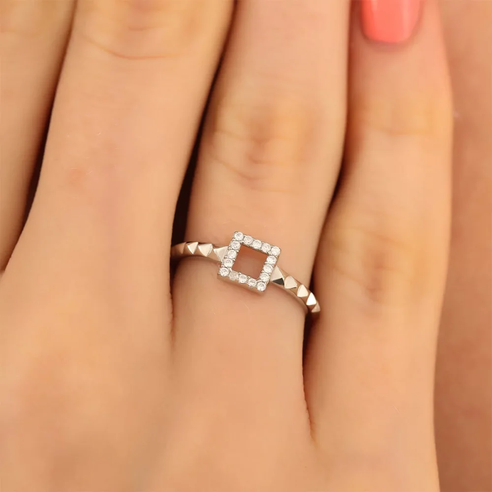 925 Ayar Gümüş Zirkon Taş Kare Ayarlanabilir Yüzük Silver