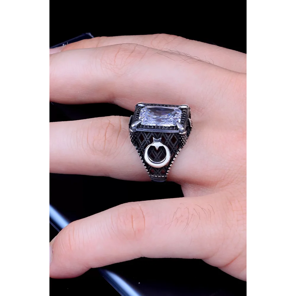 925 Ayar Gümüş Zirkon Taşlı Ayyıldız Motifli Erkek Yüzük Silver