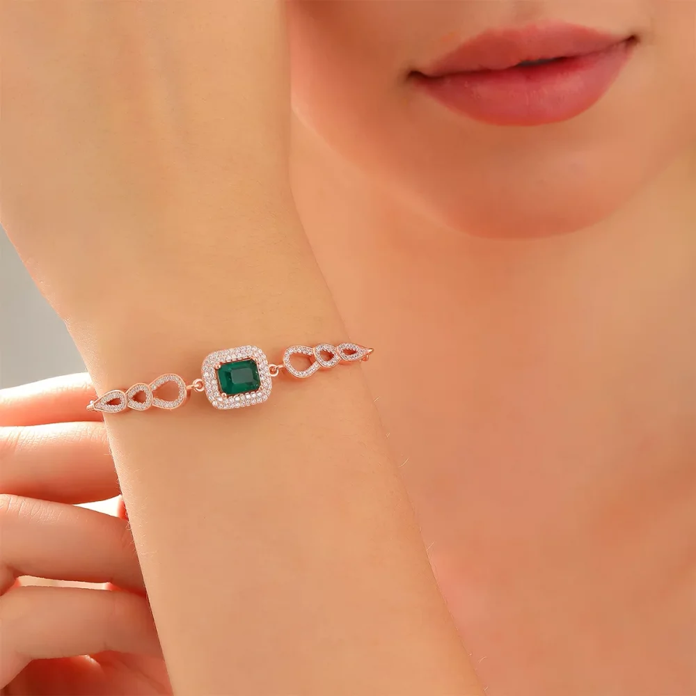 925 Ayar Gümüş Zirkon Taşlı Damla Motifli Gümüş Bileklik Rose