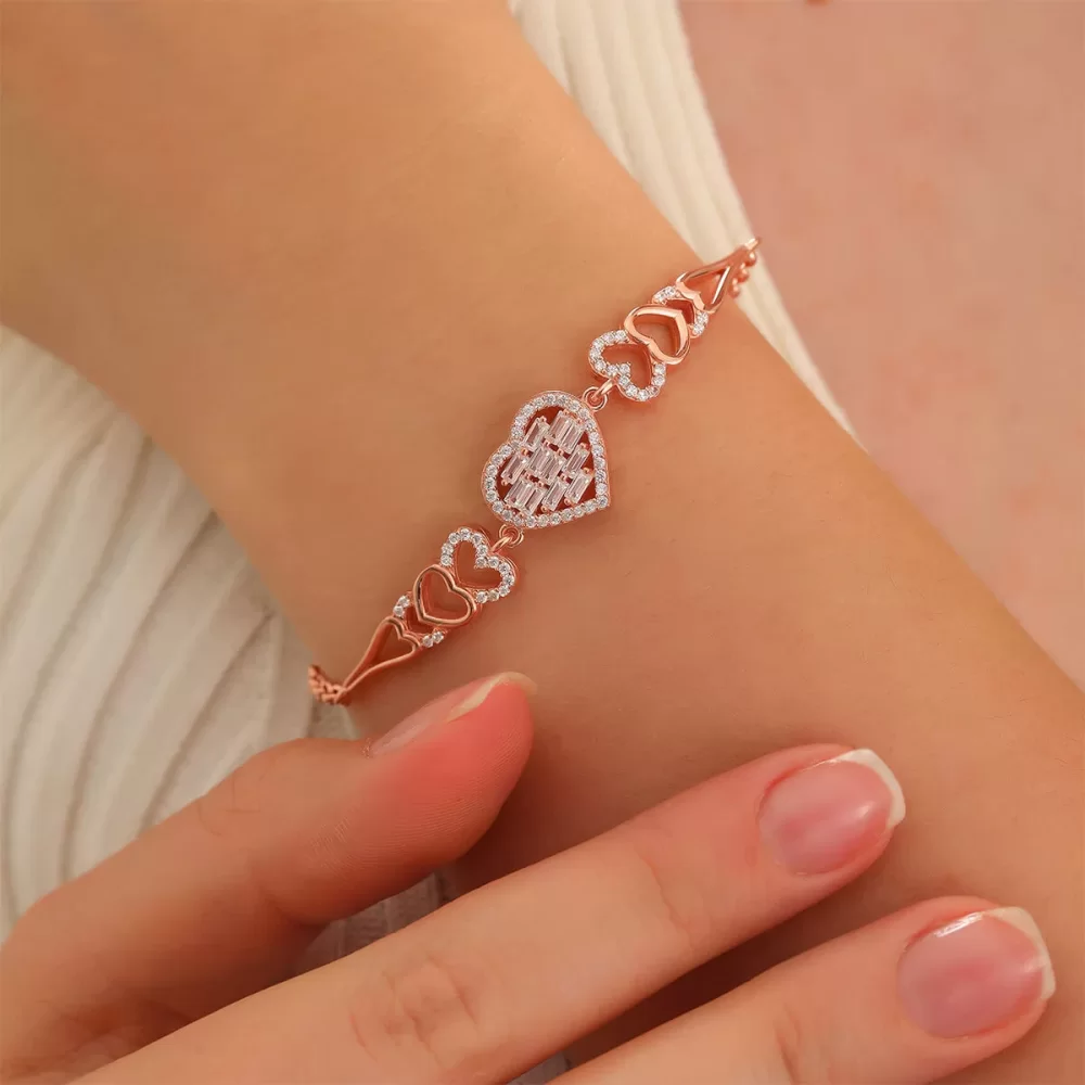 925 Ayar Gümüş Zirkon Taşlı Kalpli Bileklik Rose