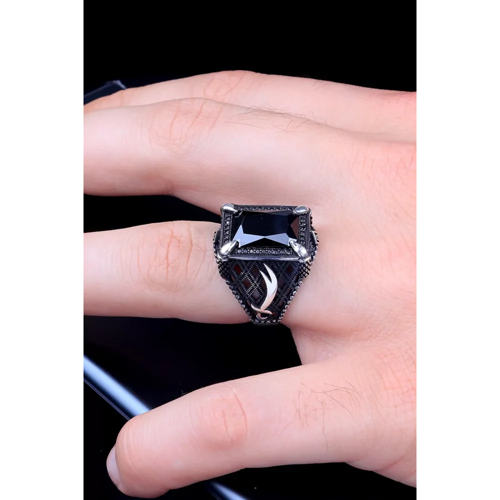 925 Ayar Gümüş Zirkon Taşlı Kılıç Motifli Erkek Yüzük Silver