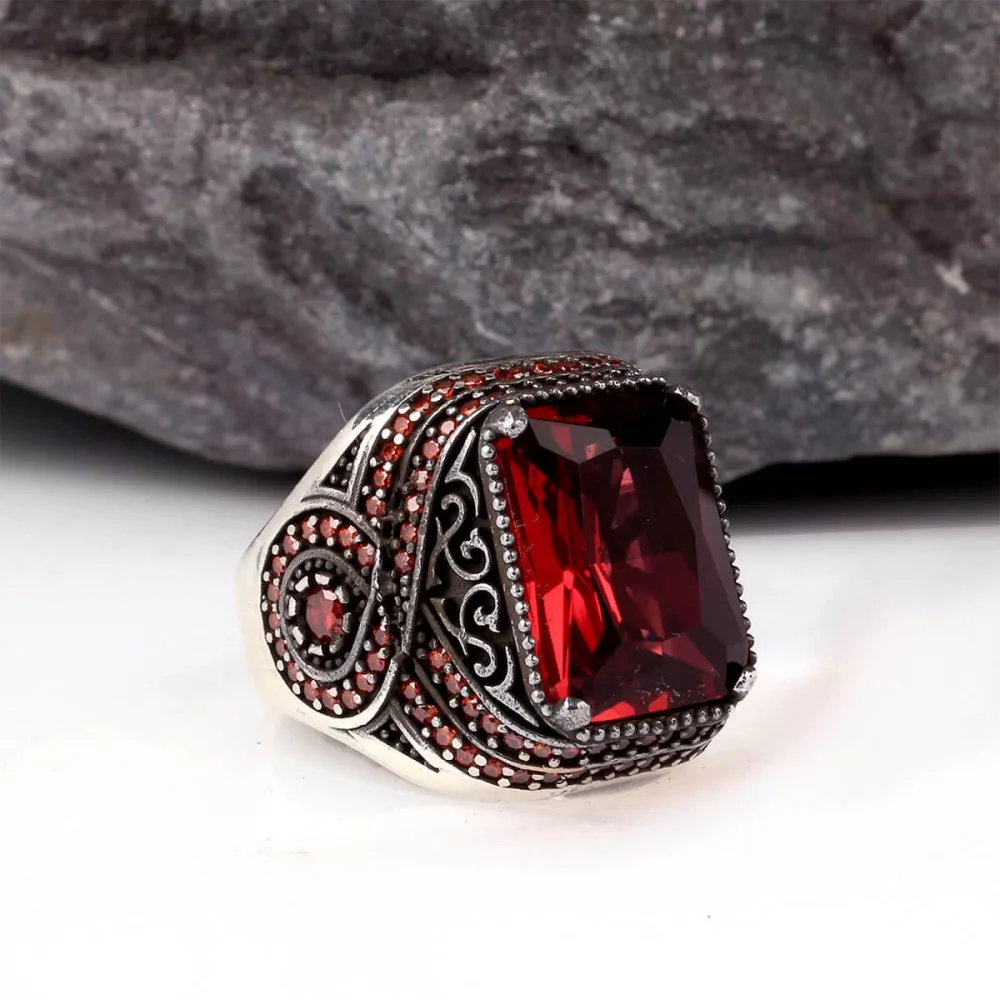 925 Ayar Kırmızı Zirkon Mikro Taşlı Gümüş Erkek Yüzük Silver