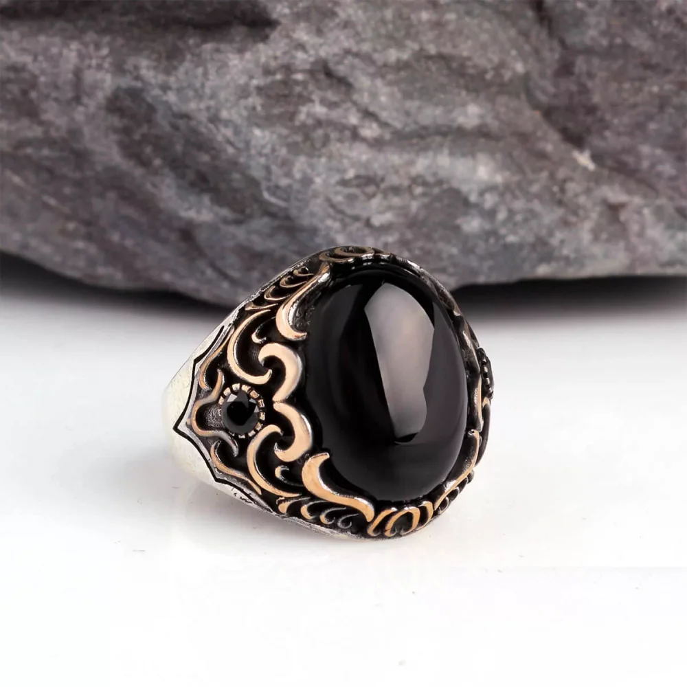 925 Ayar Onix Taşlı Oval Model Gümüş Erkek Yüzük Silver