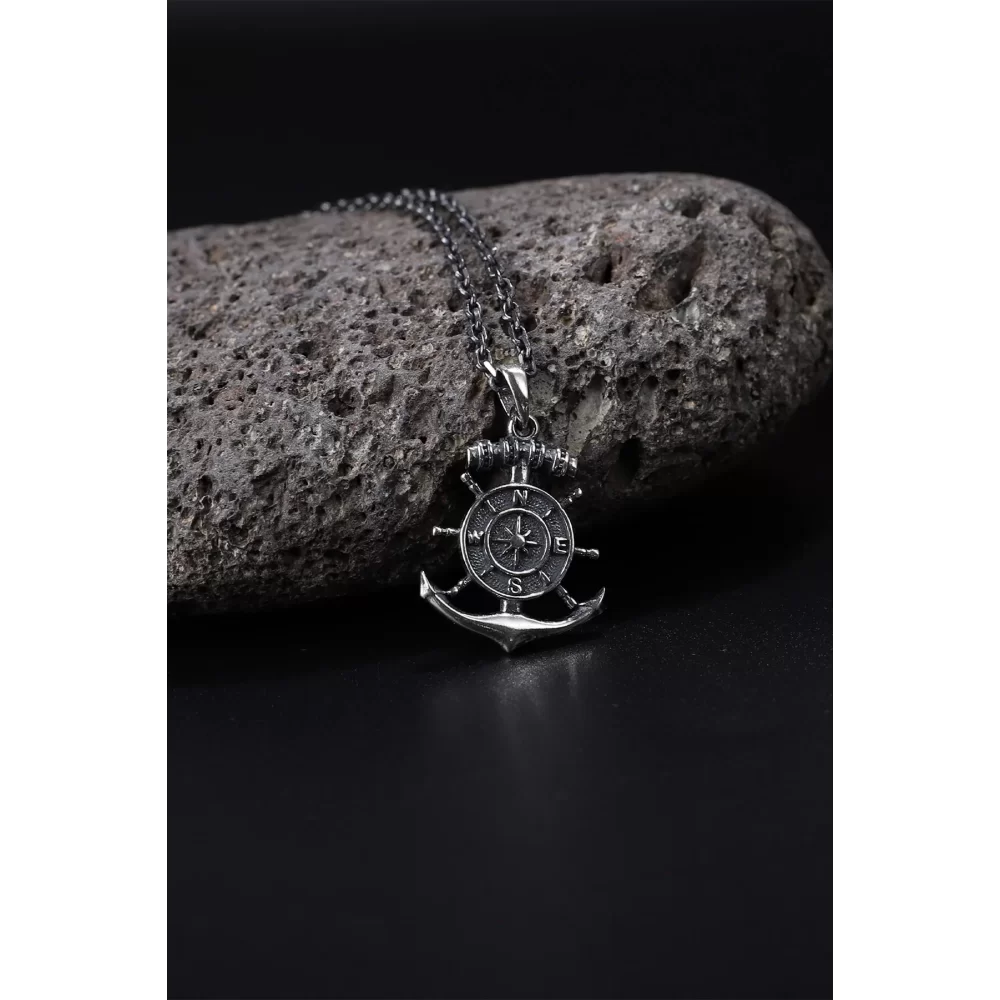 925 Ayar Pusulalı Gemi Çapası Erkek Kolye Silver