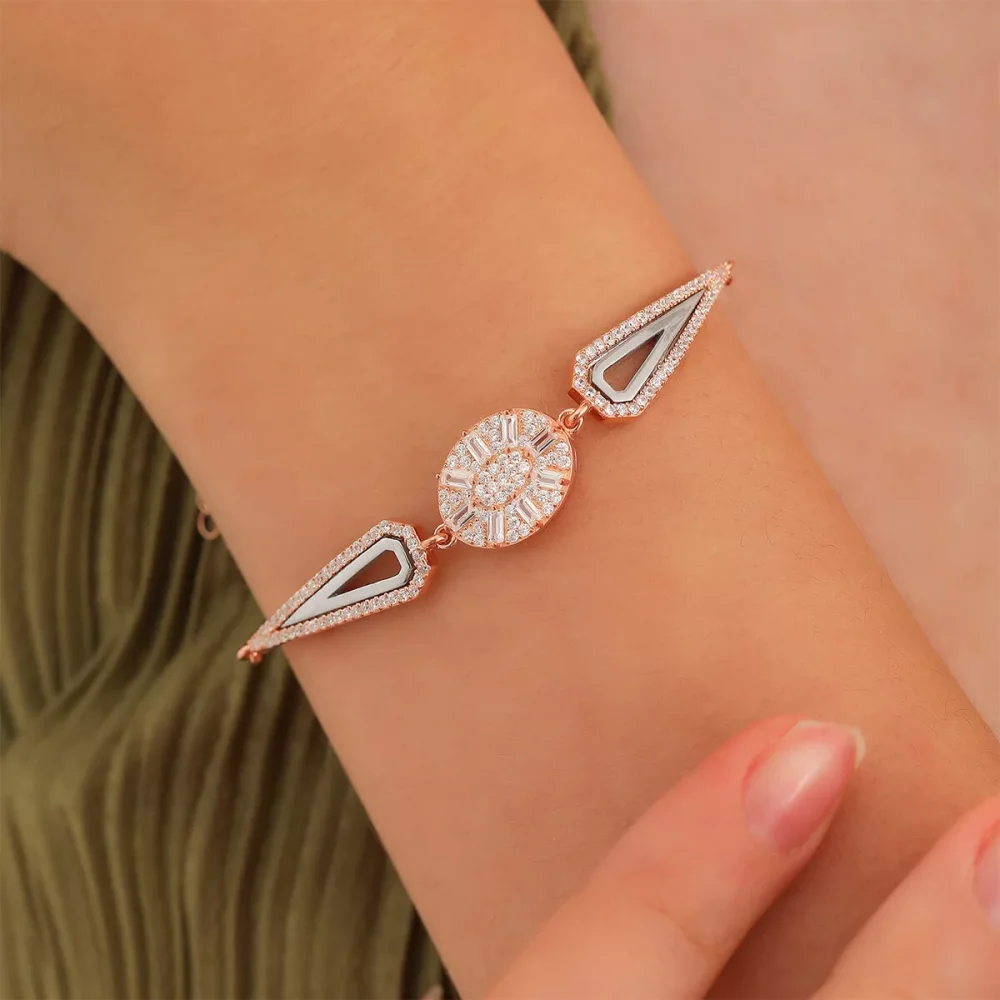 925 Ayar Zirkon Taşı Süslemeli Gümüş Bileklik Rose