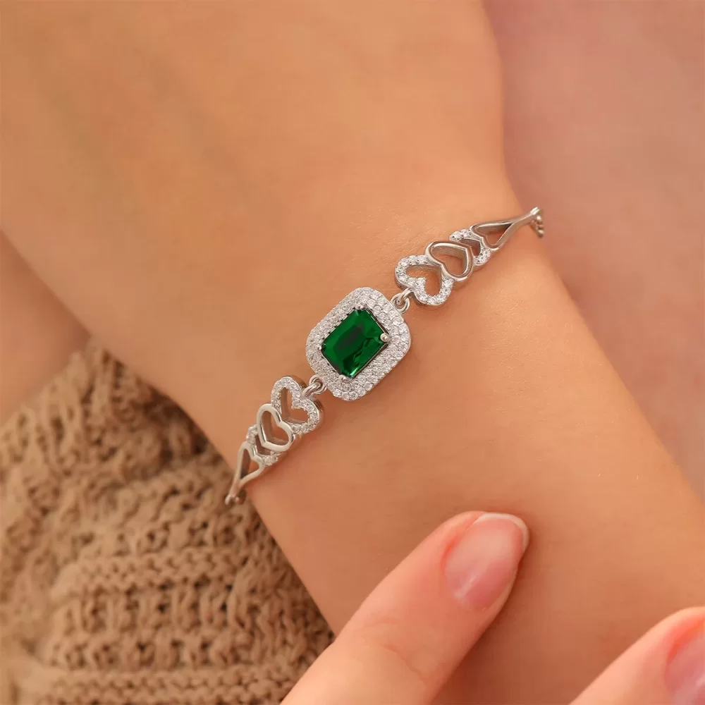 925 Ayar Zirkon Taşı Süslemeli Kalp Motifli Gümüş Bileklik Silver