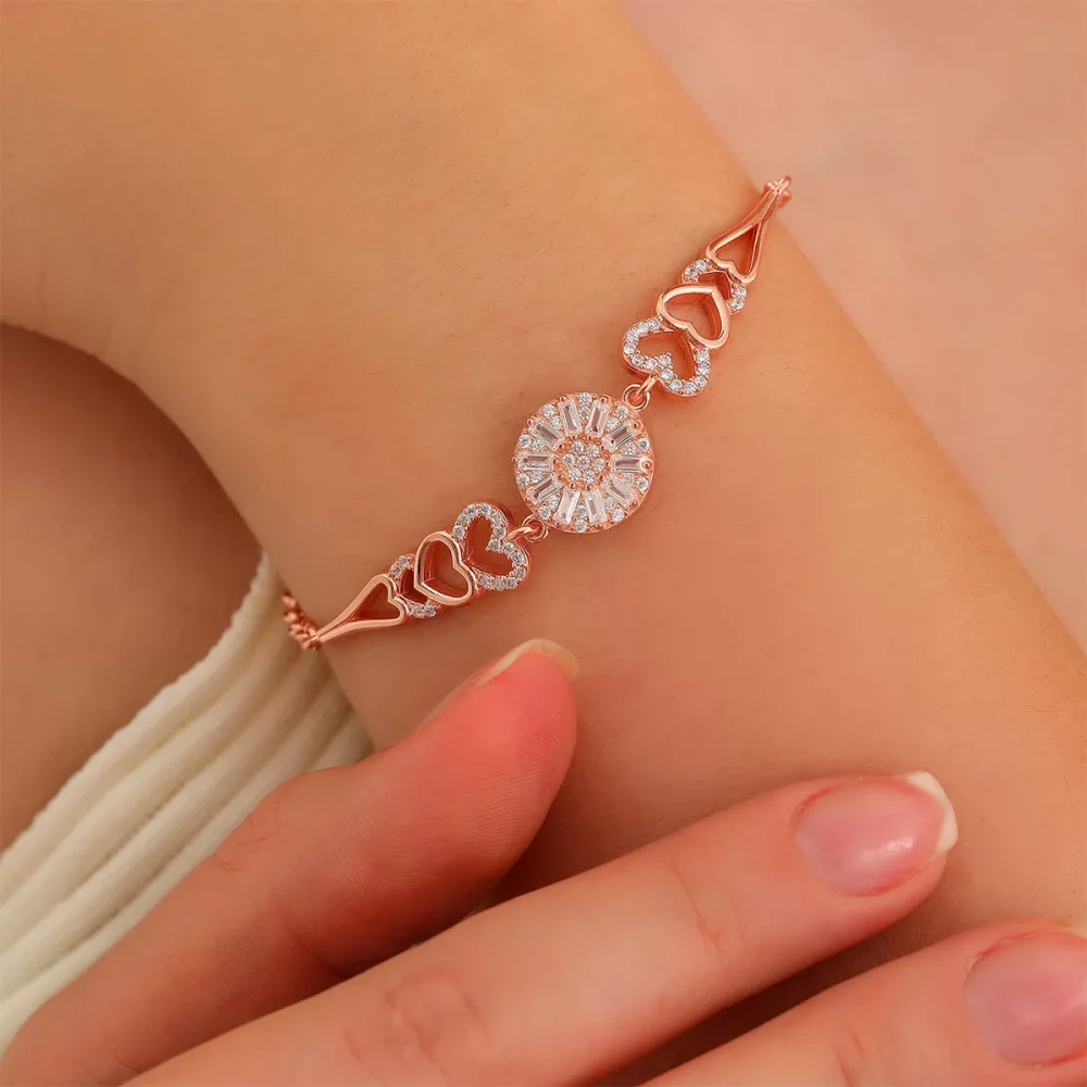 925 Ayar Zirkon Taşlı Kalp Motifli Güneş Bileklik Rose