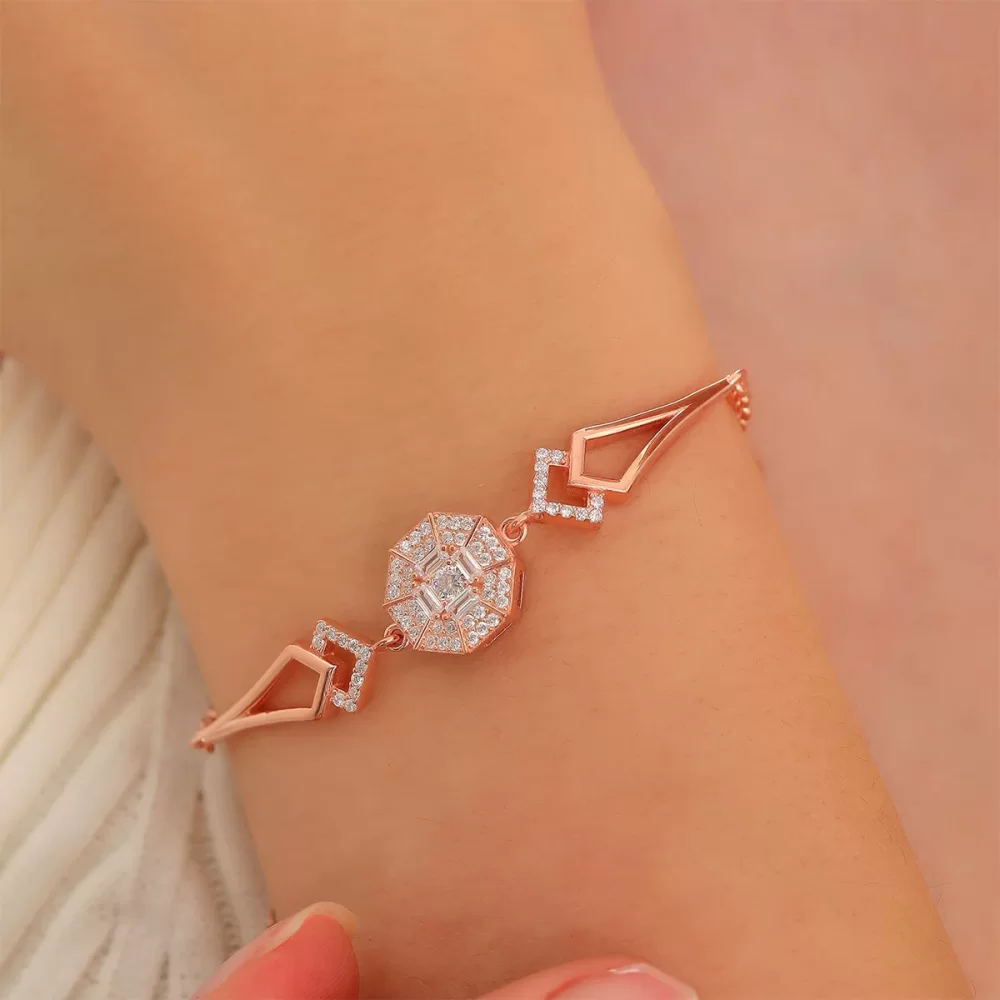925 Ayar Zirkon Taşlı Sekizgen Bileklik Rose