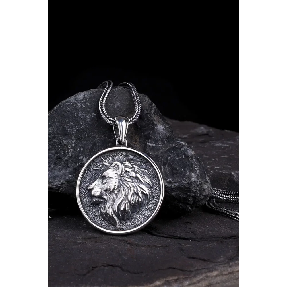 Kabartma Aslan Model 925 Ayar Gümüş Kolye - Silver