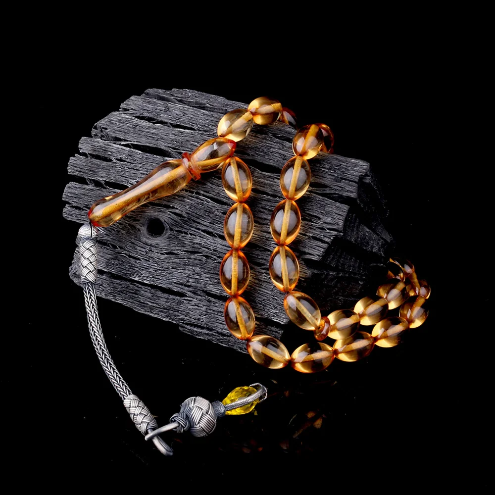 1000 Ayar Gümüş Püsküllü Arpa Kesim Ateş Kehribar Tesbih