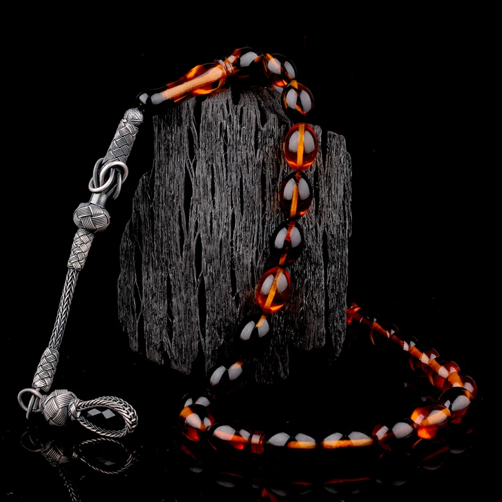 1000 Ayar Gümüş Püsküllü Arpa Kesim Karışık Renk Ateş Kehribar Tesbih