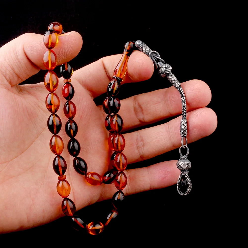 1000 Ayar Gümüş Püsküllü Arpa Kesim Karışık Renk Ateş Kehribar Tesbih