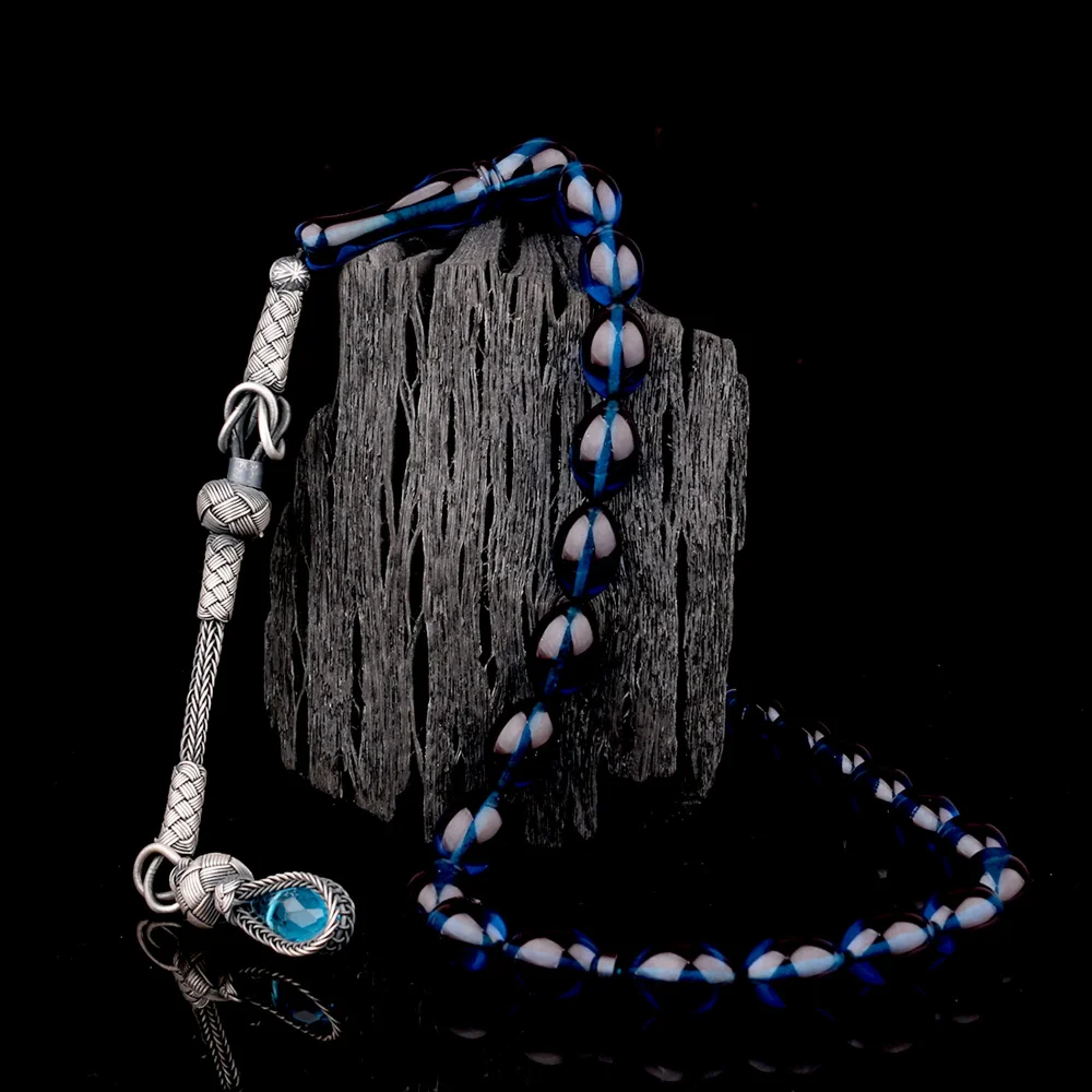 1000 Ayar Gümüş Püsküllü Arpa Kesim Mavi Renk Ateş Kehribar Tesbih