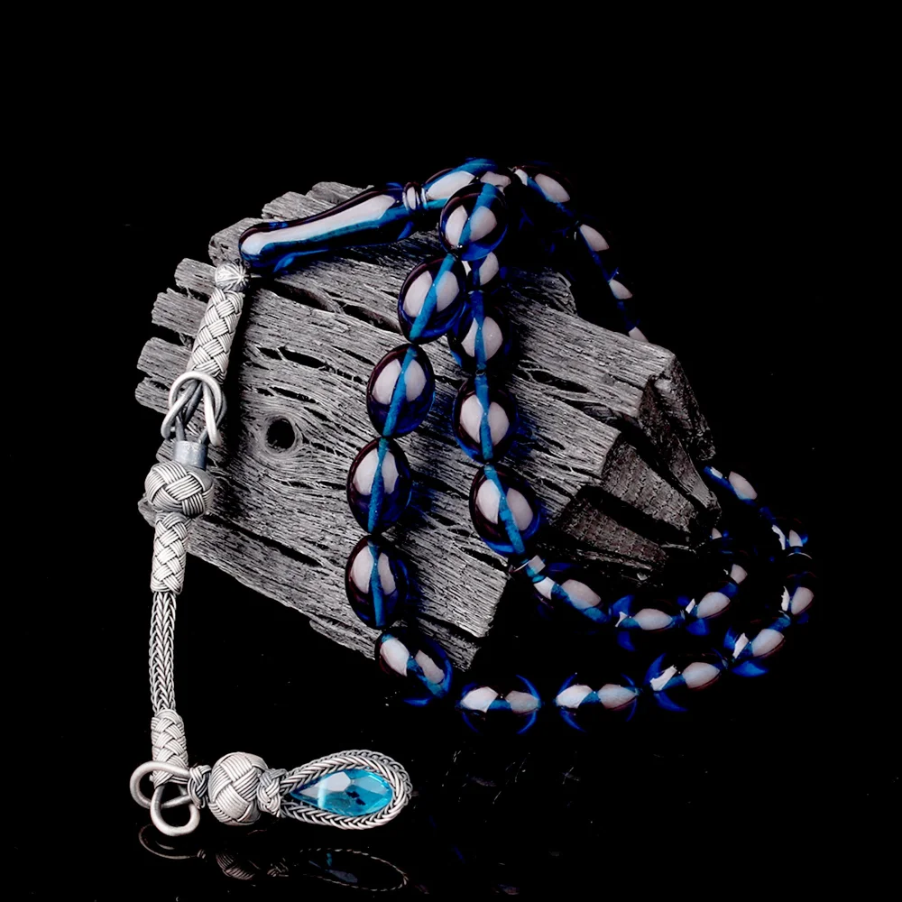 1000 Ayar Gümüş Püsküllü Arpa Kesim Mavi Renk Ateş Kehribar Tesbih