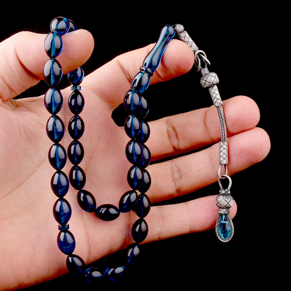 1000 Ayar Gümüş Püsküllü Arpa Kesim Mavi Renk Ateş Kehribar Tesbih