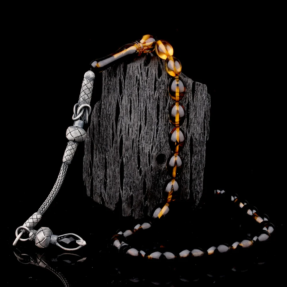 1000 Ayar Gümüş Püsküllü Arpa Kesim Süzme Renk Ateş Kehribar Tesbih