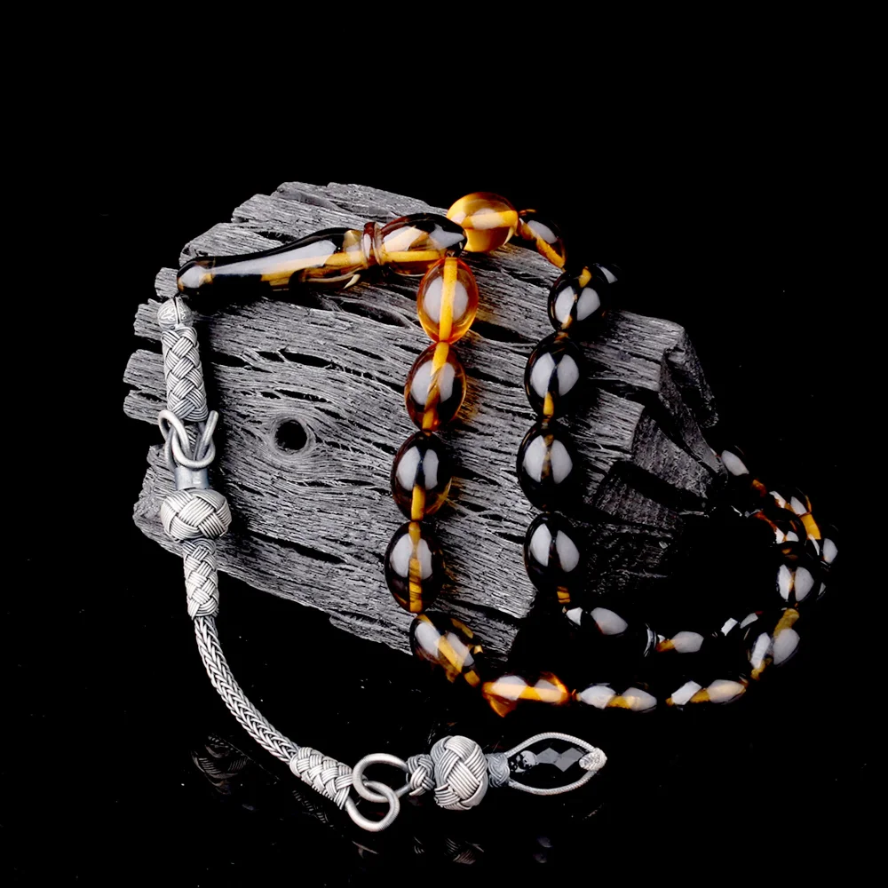 1000 Ayar Gümüş Püsküllü Arpa Kesim Süzme Renk Ateş Kehribar Tesbih