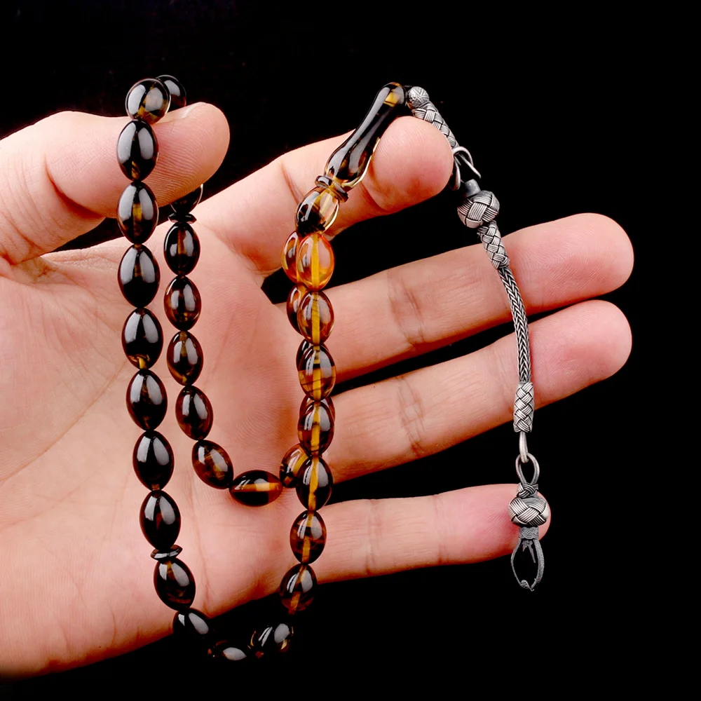 1000 Ayar Gümüş Püsküllü Arpa Kesim Süzme Renk Ateş Kehribar Tesbih