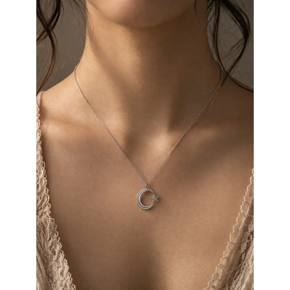 925 Ayar Gümüş Ay yıldız Kolye