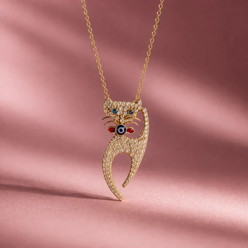 925 Ayar Nazar Taşlı Kedi Figürlü Gümüş Kolye