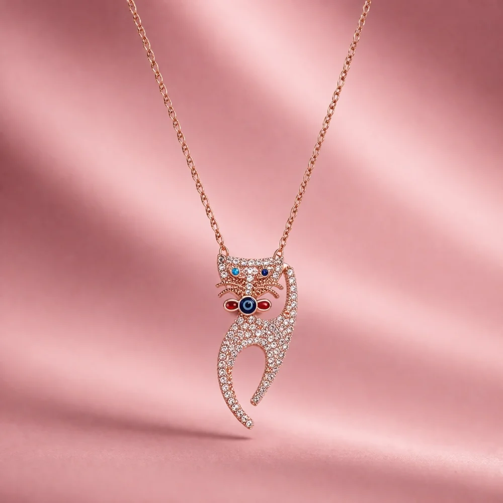 925 Ayar Nazar Taşlı Kedi Figürlü Gümüş Kolye