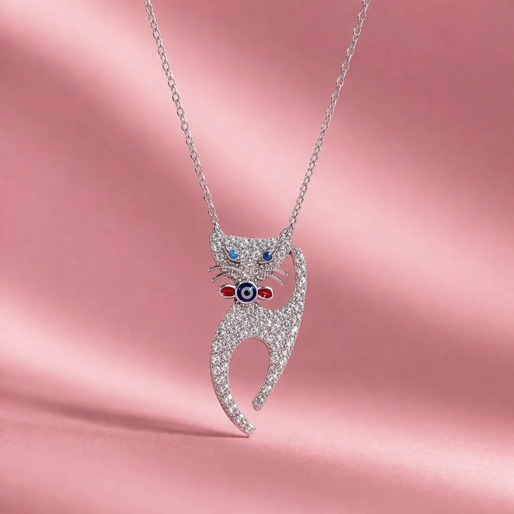 925 Ayar Nazar Taşlı Kedi Figürlü Gümüş Kolye