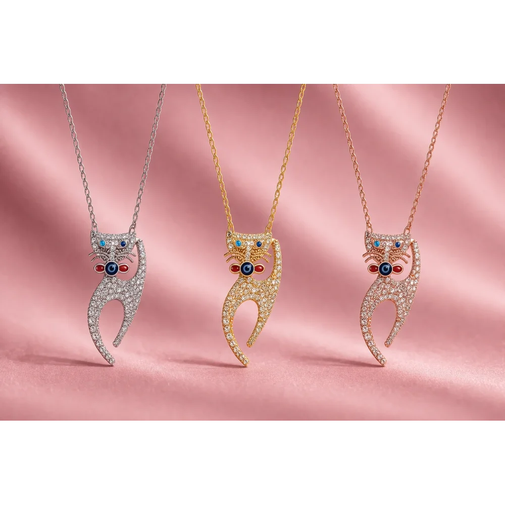 925 Ayar Nazar Taşlı Kedi Figürlü Gümüş Kolye