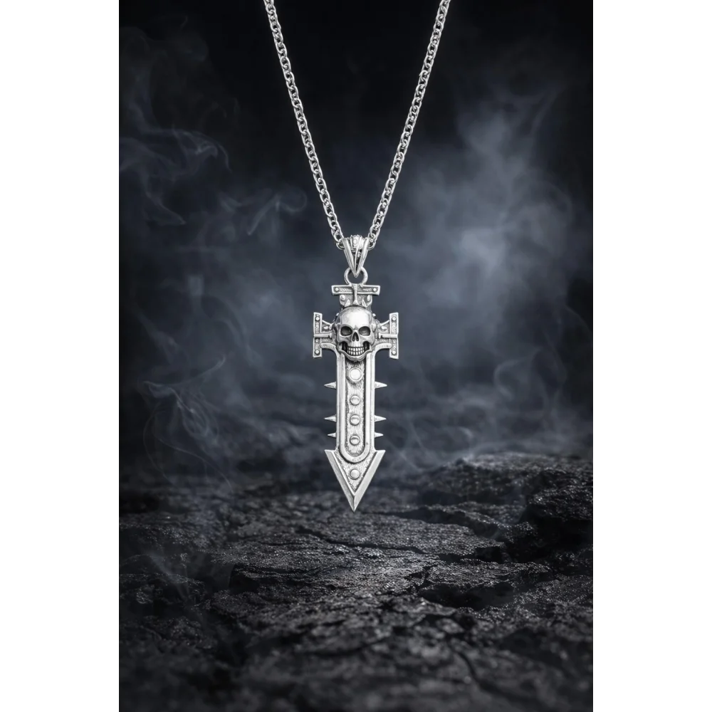 925 Ayar Gümüş Kara Hüküm Kafatası Kılıç Kolye